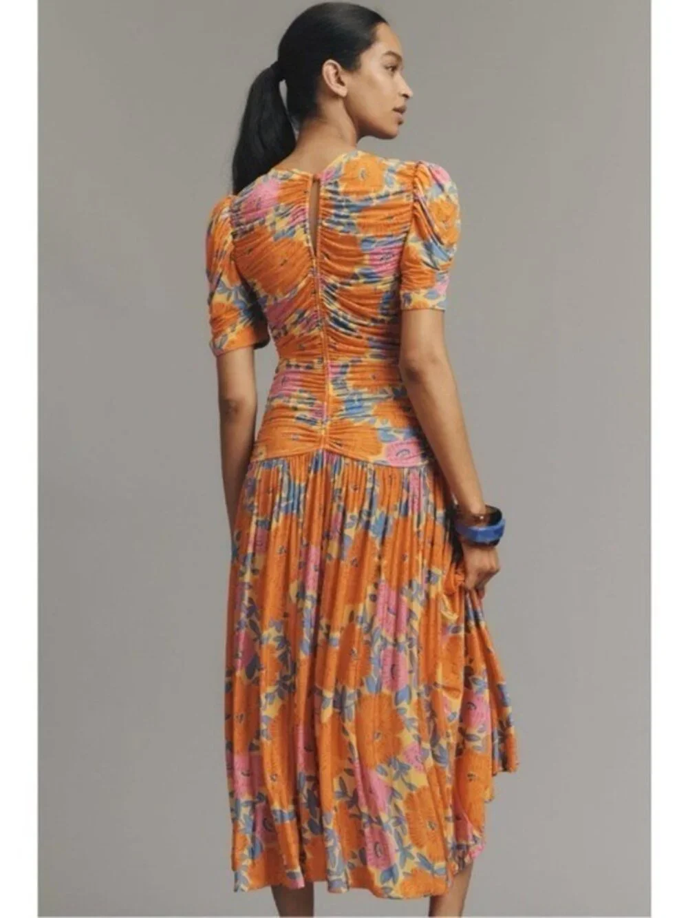 ANTHROPOLOGIE Farm Rio Short Sleeve Ruched Midi Dress Tropical Floral Size M NEW - Picture 4 of 11